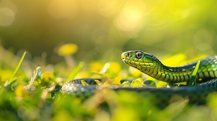 Fototapeta premium Green Snake in a Lush Meadow