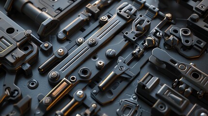 3D render of industrial clamps and locks, high detail
