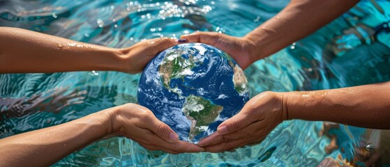 Group of people holding hands around a globe submerged in water, highlighting global cooperation for water conservation, World Water Day concept