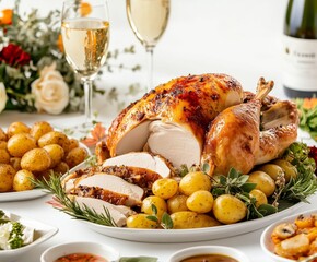 an elegant spread of a perfectly seared turkey, golden roasted potatoes, and vegetables on a white table with flowers and autumn decorations, surrounded by glasses filled with sparkling wine