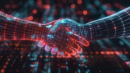 Handshake in digital futuristic style. The concept of partnership