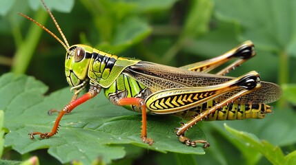 Close-up of a Vibrant Green and Yellow Grasshopper