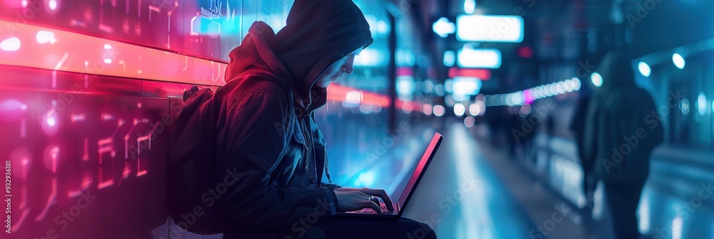 Poster a person sits in a metro station, intently working on a laptop, emphasizing the risks of accessing s