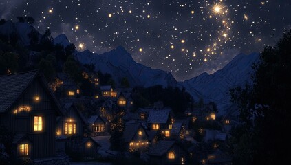 Fototapeta premium A village nestled in the mountains under a starry sky.
