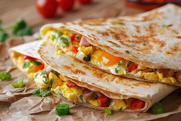 Obraz premium Traditional Mexican quesadilla with scrambled eggs vegetables ham and cheese