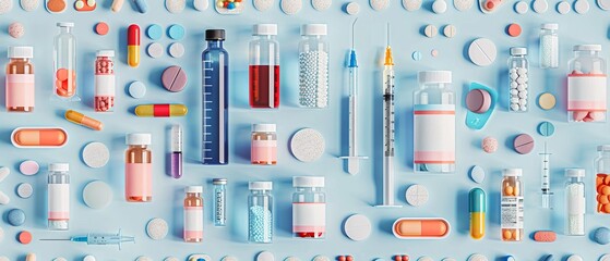 Medicine and pharmacology are represented by a variety of tablets, capsules, ampoules, vials, test tubes, syringes for injection and vaccines depicted on the side