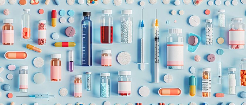 Medicine and pharmacology are represented by a variety of tablets, capsules, ampoules, vials, test tubes, syringes for injection and vaccines depicted on the side