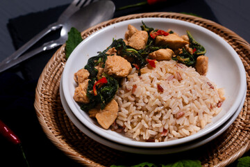 Thai food concept Khao pad krapao, kapow kai Authentic Thai Basil Chicken and rice