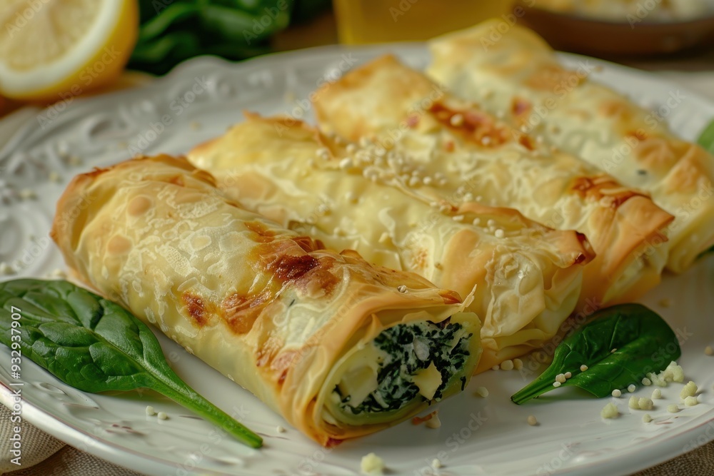 Poster traditional turkish borek rolls with spinach cheese on plate turkish pastry rulo borek greek spinach