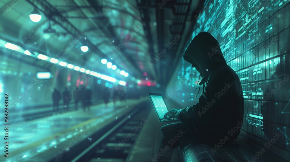 Aufkleber a person in a hoodie is focused on their laptop, using public wi-fi at a crowded metro station, illu