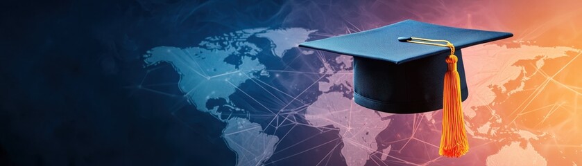 Graduation cap over a colorful world map symbolizing education, achievement, and global learning opportunities.