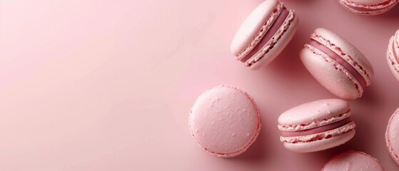 Fototapeta premium Pastel macaron on light pink background or dessert cake macaron, Top view