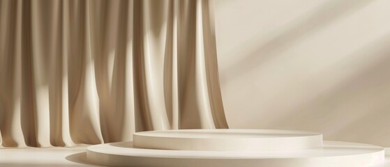 Podium 3D beige background product display stand stage pedestal platform. Mockup beige podium 3D abstract minimal studio scene beauty brown luxury pastel wall render silk cosmetic geometric shadow