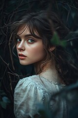 A young woman with long brown hair and blue eyes stands in front of a wall of vines, looking over her shoulder.