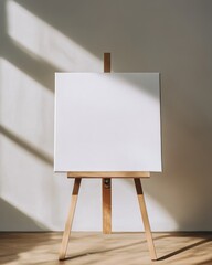 Blank Canvas on Easel in Sunlit Room, Minimalist Art Studio Mockup.
