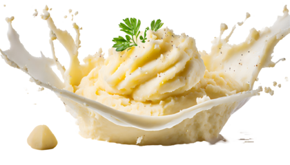 Creamy mashed potatoes Splashes on a white isolated background. Generative AI.