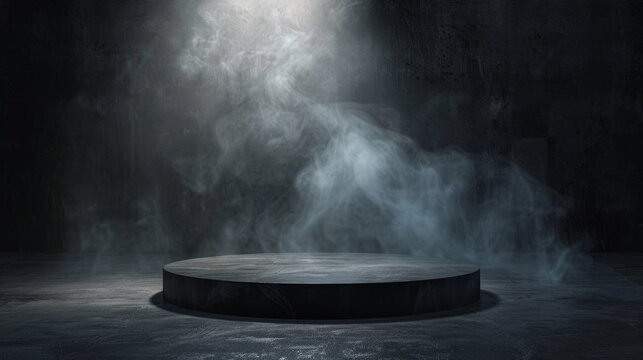 Podium black dark smoke background product platform abstract stage texture fog spotlight. Dark black floor podium dramatic empty night room table concrete wall scene place display studio smoky dust