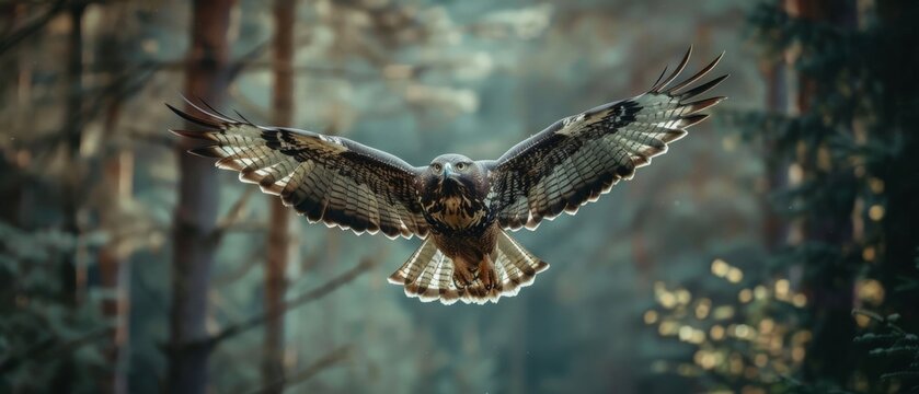 Portrait of a buzzard flying with spread wings between trees in the forest