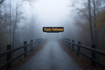 Foggy Bridge Collage: Photos of a fog-covered bridge with spooky ambiance. The text "Happy Halloween" in a misty, bridge-themed font at the center.