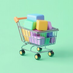 Colorful Cubes in a Shopping Cart on a Green Background.