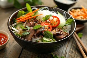 Traditional Vietnamese noodle salad with beef rice noodles herbs pickled vegetables fish sauce Bun Bo Nam Bo