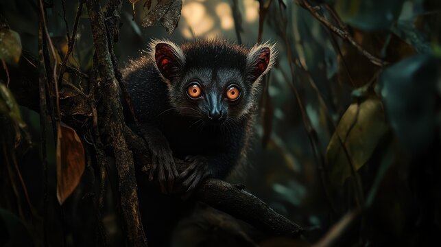 Black-and-White Mouse Lemur with Bright Orange Eyes Perched on Branch in Rainforest.