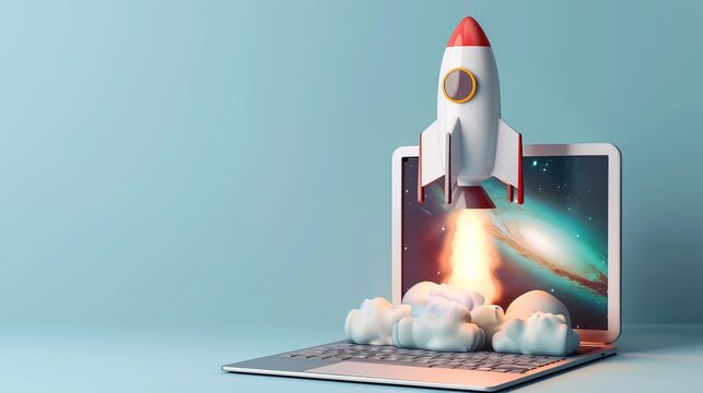 Rocket launch from laptop on office table to fly up in air. Business startup new idea project development, internet marketing strategy growth, future product progress on a website, speed power boost