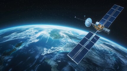 Satellite station with solar panels floating in space above blue round planet earth globe. World orbit atmosphere, internet connection and communication technology, network, information data