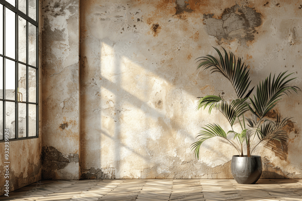 Wall mural bright rustic room with large windows textured wall and potted palm plant