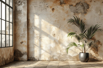Bright Rustic Room With Large Windows Textured Wall And Potted Palm Plant