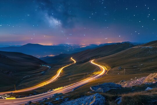 Transalpina road winding under starry night sky with traffic trails