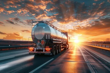 Transporting dangerous chemicals in tank car on a highway at sunset with cargo sanctions