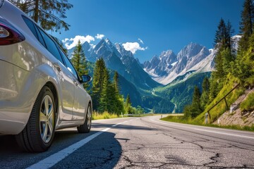 Travel by car on a mountain road under a blue sky