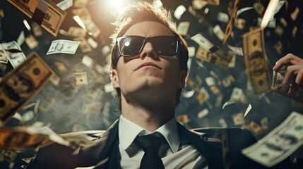 Success businessman in sunglasses surrounded by flying money