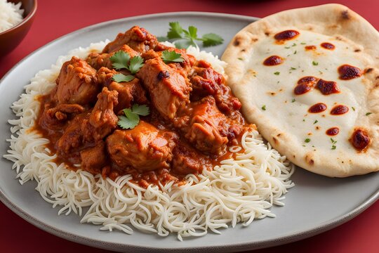 Slow cooked chicken curry in a rich spicy tomato based sauce served with warm naan bread and basma, AI Generated