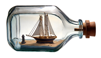 Create a scene of a sailboat enclosed in a bottle, exploring the challenge of capturing. Generative AI.