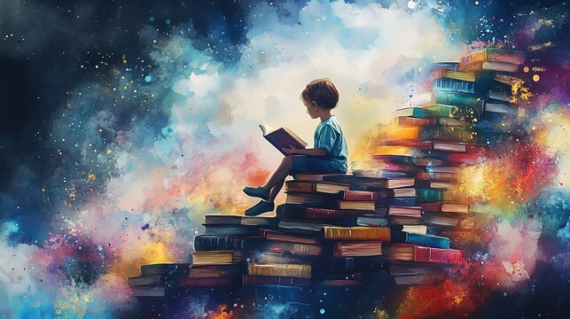 Child Reading on a Stack of Books in Magical Watercolor