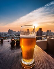 Fototapeta premium luxurious rooftop bar with refreshing beer glass bangkok skyline at sunset lifestyle
