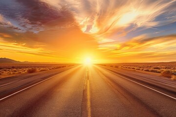 Traveling on a deserted road toward the sun