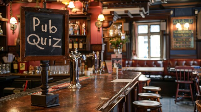 View of a pub with a chalk board on the counter with text Pub Quiz