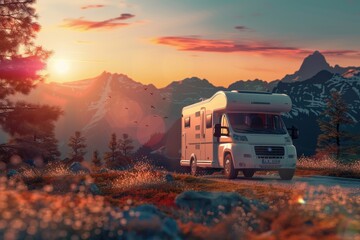 Traveling tourists in a campervan on a road trip through beautiful mountain landscapes