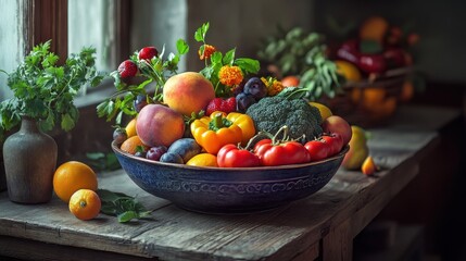 Fresh Fruit and Vegetables Still Life in a Blue Bowl on a Rustic Wooden Table.
