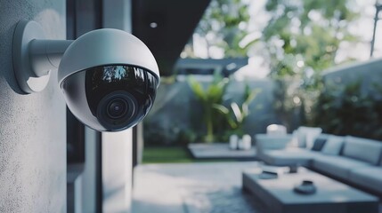Close-up view of a modern home security camera monitoring vigilantly, showing details of advanced technology and vigilance around the idyllic area
