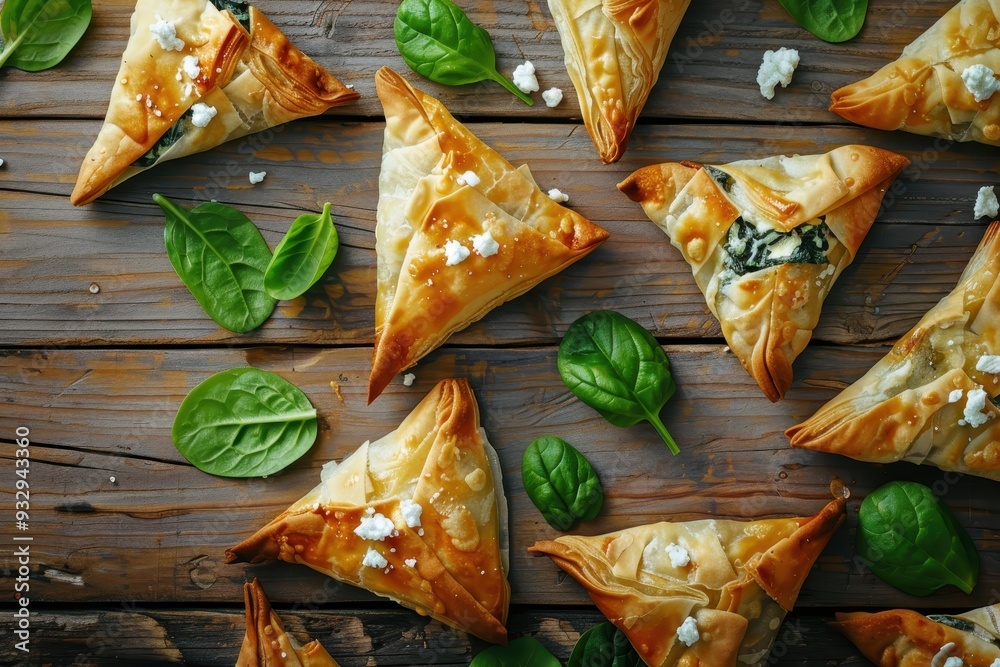 Poster triangle shaped puff pastry with spinach and feta on wooden table seen from above