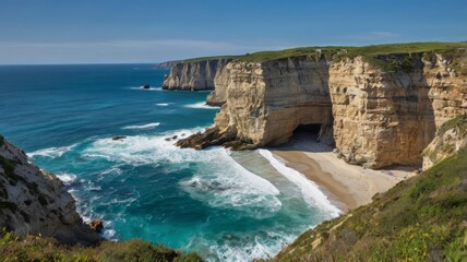 Obraz premium Coastal cliffs and blue sea panoramic view 