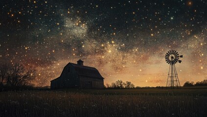 Silhouetted barn and windmill under a starry sky.