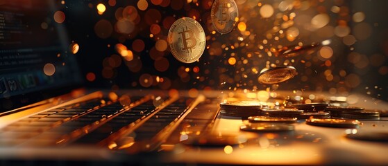 Money and coins emerging from a laptop - Concept of online earnings