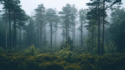 Obraz premium A misty forest with tall pine trees and a thick undergrowth of ferns and bushes.