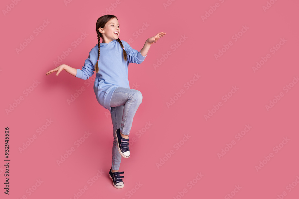 Canvas Prints Full size photo of lovely small schoolkid dance empty space wear hoodie isolated on pink color background