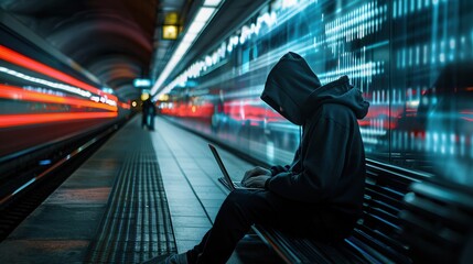 A person in a hoodie works intently on a laptop in a bustling metro station, highlighting security threats of using public Wi-Fi networks. Generative AI